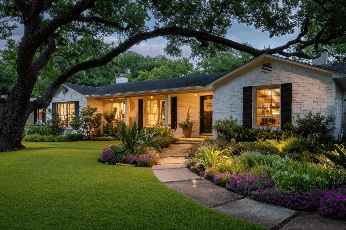 Houston home beneath a mature oak, with an illuminated front entry
